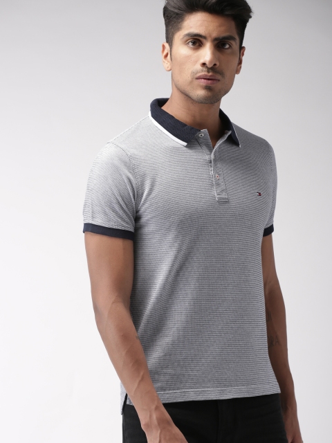 

Tommy Hilfiger Men Navy Blue White Self-Design Polo Pure Cotton T-shirt
