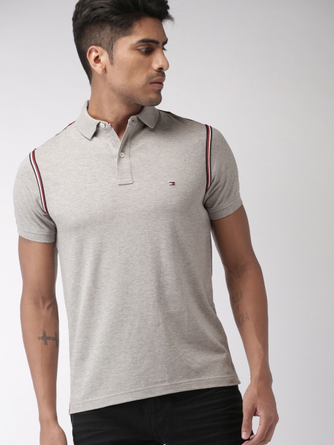 

Tommy Hilfiger Men Grey Melange Solid Slim Polo Pure Cotton T-shirt