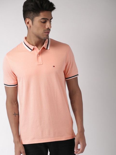 

Tommy Hilfiger Men Pink Solid Polo Collar Pure Cotton T-shirt