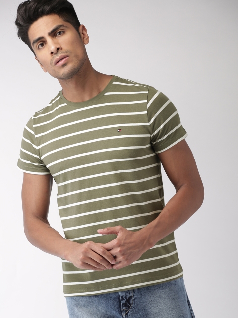 

Tommy Hilfiger Men Olive Green & White Striped Round Neck Slim Fit T-shirt