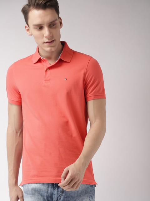 

Tommy Hilfiger Men Coral Pink Solid Polo Collar T-shirt