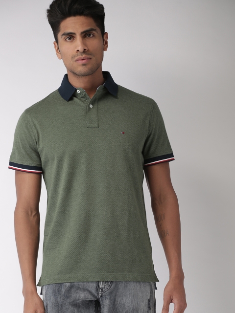 

Tommy Hilfiger Men Olive Green Self Design Polo Collar T-shirt