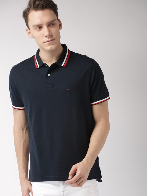 

Tommy Hilfiger Men Navy Blue Solid Polo Collar Pure Cotton T-shirt