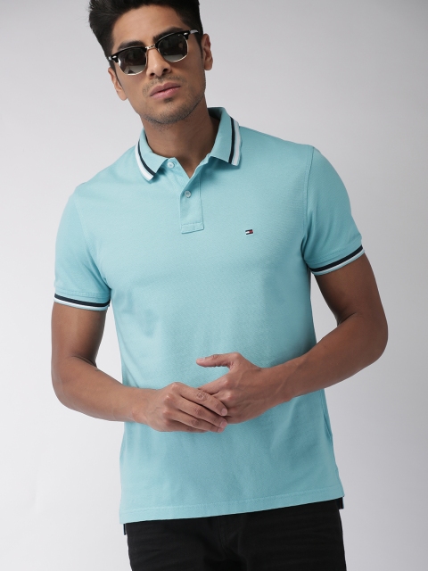 

Tommy Hilfiger Men Blue Self Design Polo Collar T-shirt, Turquoise blue