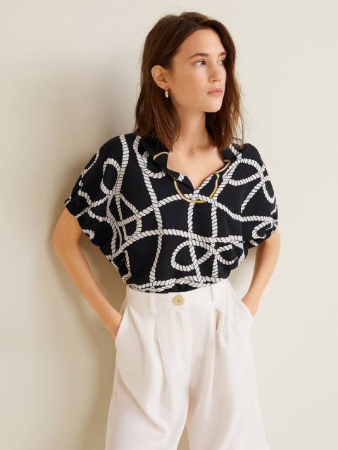 

MANGO Women Black & Off-White Printed Top