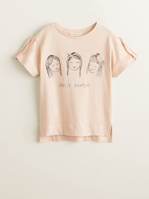 

Mango Kids Girls Peach-Coloured Printed Round Neck T-shirt