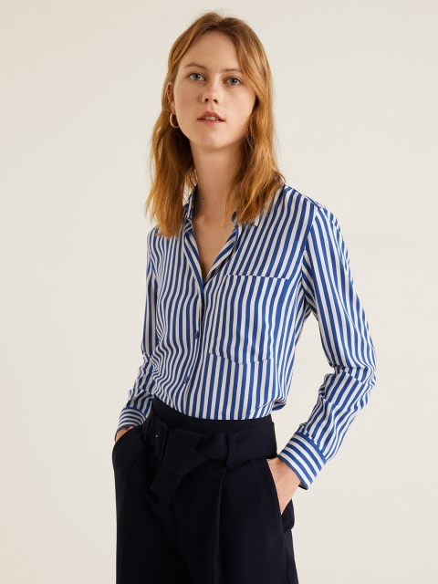 

MANGO Women Blue & Off-White Regular Fit Striped Casual Shirt