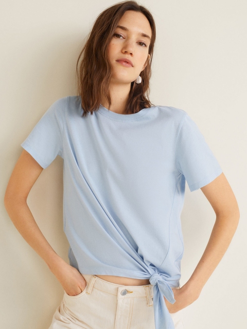 

MANGO Women Blue Solid Pure Cotton Top