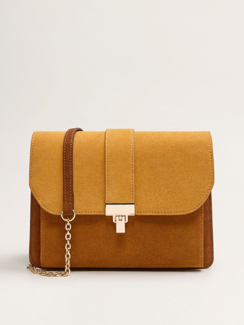 

MANGO Mustard Yellow & Brown Colourblocked Leather Sling Bag