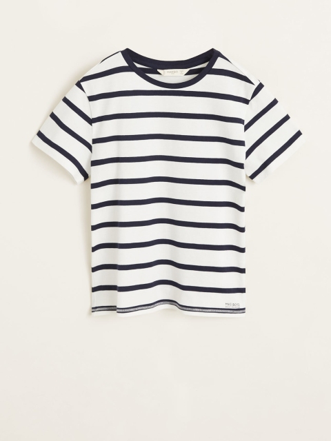 

Mango Kids Boys White & Navy Striped Round Neck T-shirt