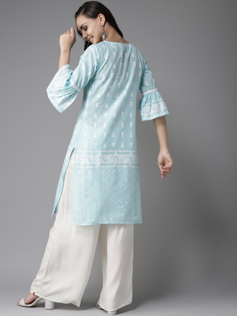 

HERE&NOW Women Blue & White Printed Straight Kurta