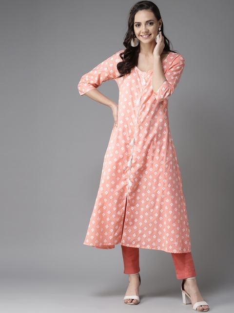 

HERE&NOW It's Peachy Cotton A-Line Kurta with Tassels, Peach