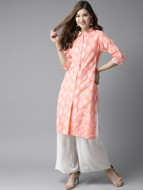 

HERE&NOW Women Peach-Coloured & White Printed Straight Kurta