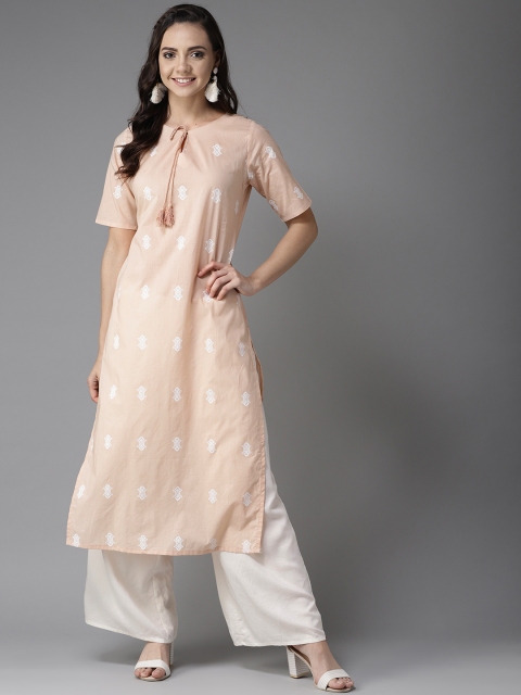 

HERE&NOW Women Peach-Coloured & White Printed Straight Kurta