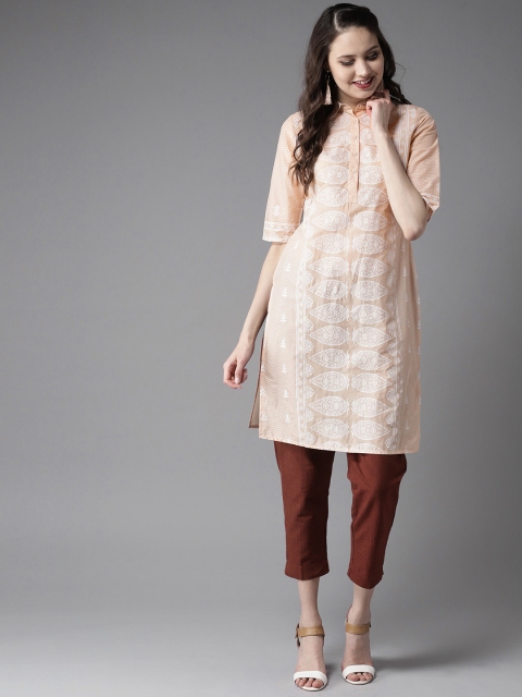 

HERE&NOW Women Beige & White Printed Straight Kurta