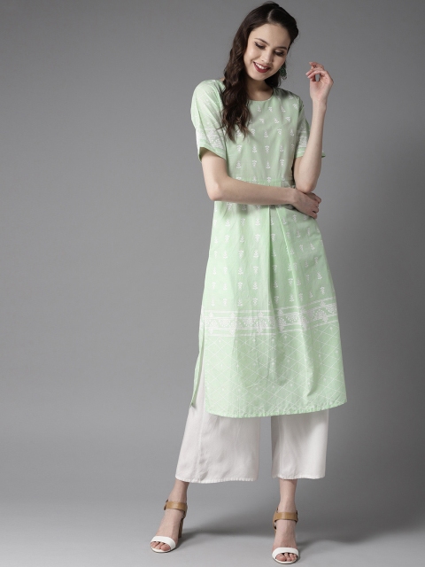 

HERE&NOW Women Green & White Printed A-Line Kurta
