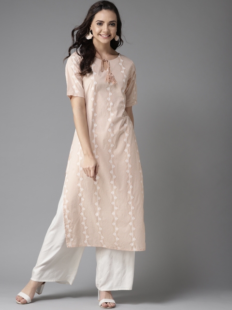 

HERE&NOW Women Beige & White Printed Straight Kurta