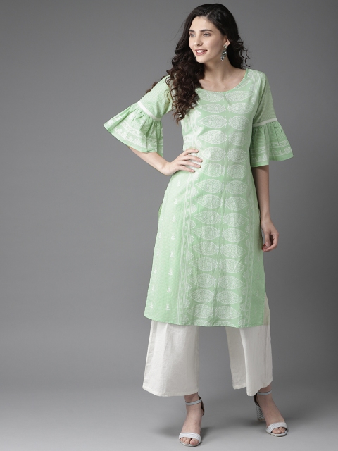 

HERE&NOW Paradise Pistachio Cotton Kurta with Bell Sleeves, Green
