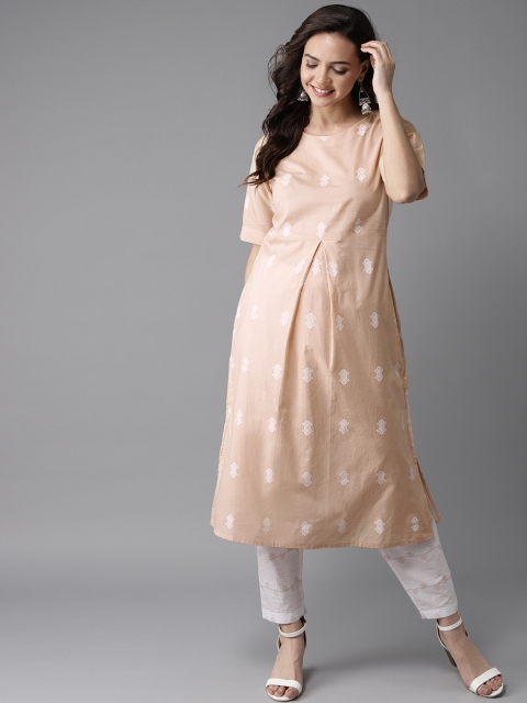 

HERE&NOW Women Beige & White Printed Kurta with Trousers