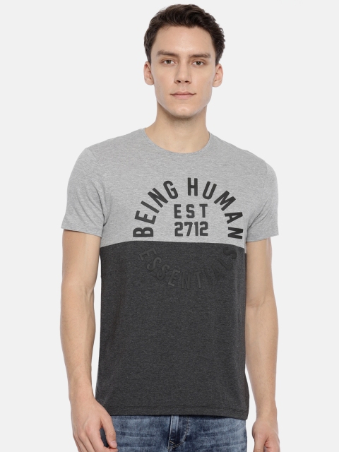 

Being Human Clothing Men Grey Melange Colourblocked Round Neck T-shirt