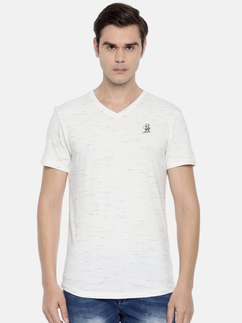 

Being Human Clothing Men White Self Striped V-Neck T-shirt