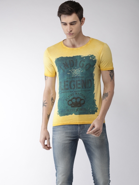 

Flying Machine Men Yellow Printed Round Neck Pure Cotton T-shirt