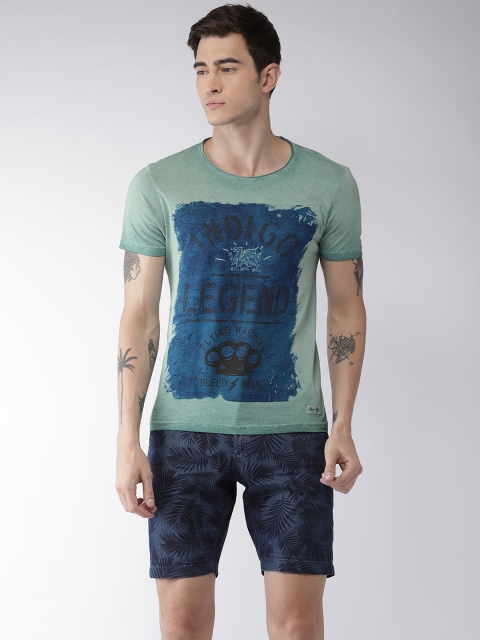 

Flying Machine Men Sea Green & Blue Printed Round Neck T-shirt