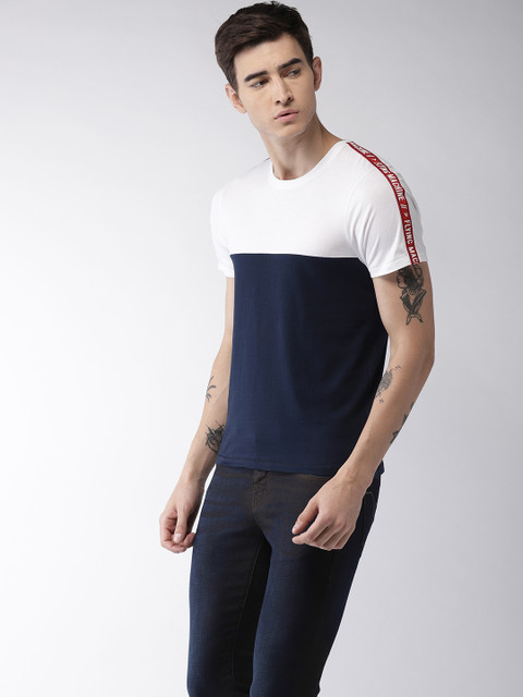

Flying Machine Men Navy Blue & White Colourblocked Round Neck Pure Cotton T-shirt