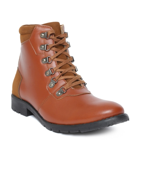 

People Men Brown Solid Synthetic Leather Mid-Top Flat Boots