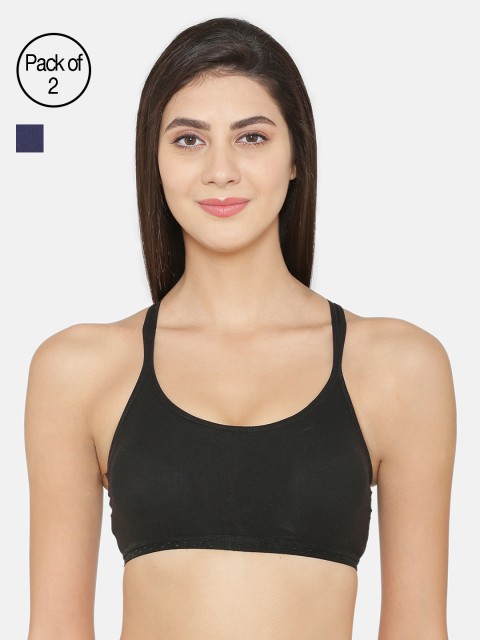 

ABELINO Pack of 2 Solid Styled Back Non Padded Sports Bras COMCROSSNONBLACKBLUE, Black