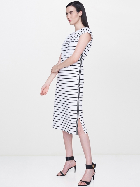 

AND Women White Striped Midi Dress