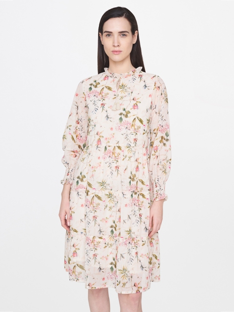 

AND Women Cream-Coloured Printed A-Line Tiered Dress