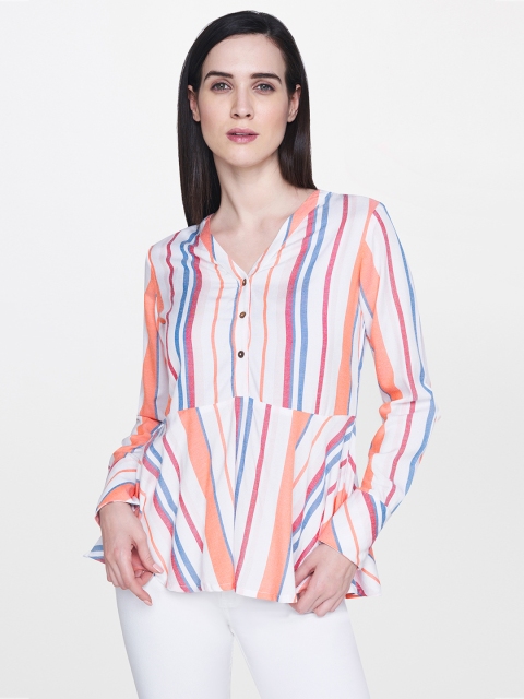 

AND Women White & Coral-Coloured Striped A-Line Top