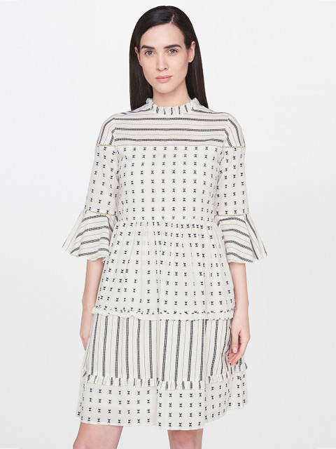 

AND Women White & Black Printed Fit & Flare Bell Sleeves Dress