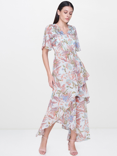 

AND Women Blue & Peach-coloured Printed Embellished A-Line Dress
