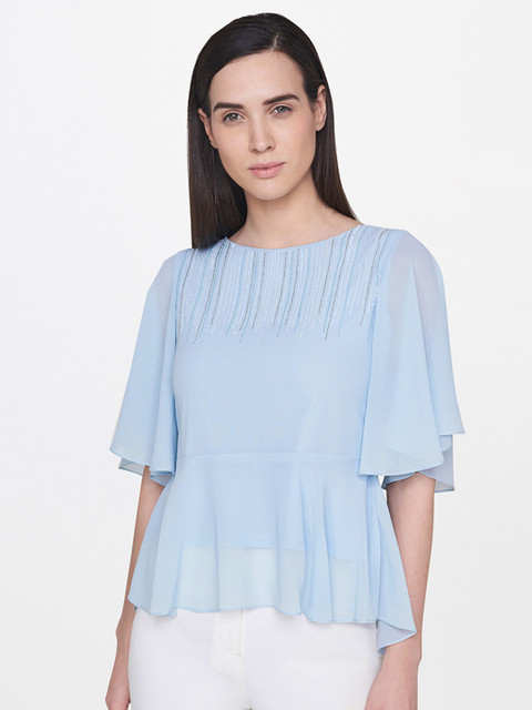 

AND Women Blue Solid Styled Back Top