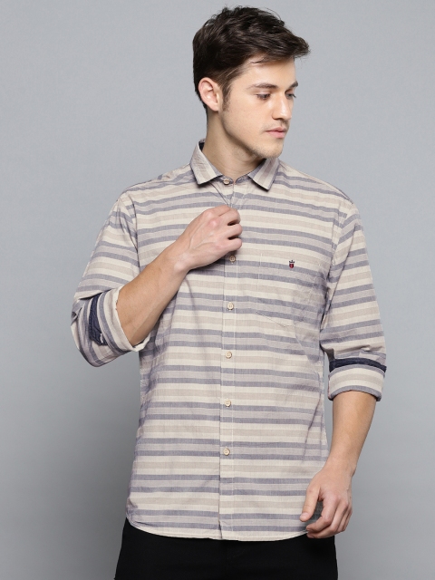 

Louis Philippe Jeans Men Beige & Blue Slim Fit Striped Casual Shirt
