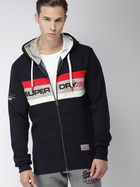 

Superdry Men Navy Blue & Grey Melange Printed Hooded Sweatshirt