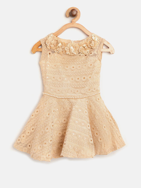 

Tiny Girl Beige Self Design Fit and Flare Dress