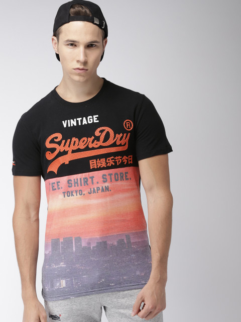 

Superdry Men Black & Orange Printed Round Neck T-shirt