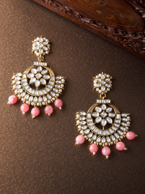 

Rubans Gold-Plated & Pink Kundan Studded Embellished Statement Chandbalis