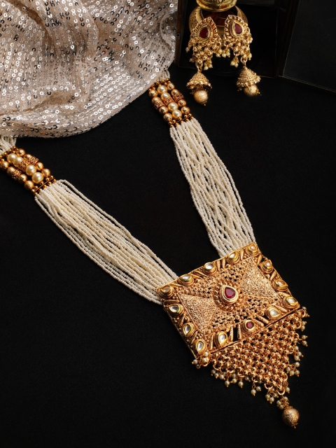 

Rubans Gold-Plated & Red Ruby Stone-Studded & Pearl Beaded Jewellery Set
