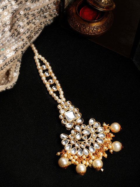 

Rubans Gold-Plated & White Kundan Studded & Pearl Embellished Statement Maang Tikka
