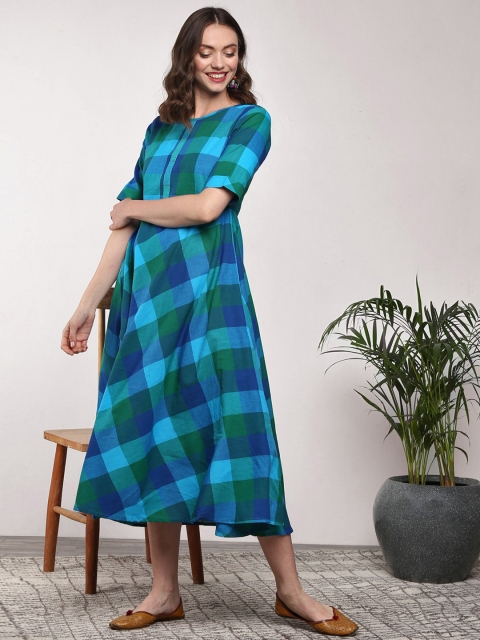 

Sangria Women Blue Checked A-Line Dress