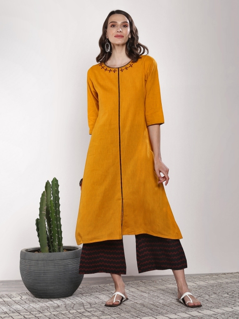 

Sangria Women Mustard Yellow & Black Solid Kurta with Palazzos