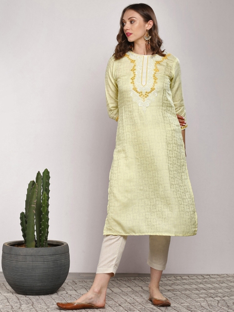 

Sangria Women Yellow & Off-White Self Design Kurta with Trousers & Dupatta