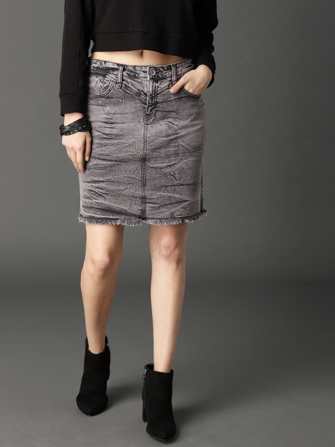 

Roadster Women Black Acid Wash A-line Denim Skirt