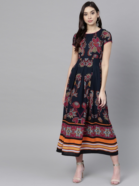 

Rain & Rainbow Women Navy Blue & Red Printed Maxi Dress