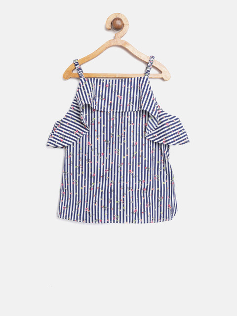

Tiny Girl Navy Blue & White Striped Styled Back Top