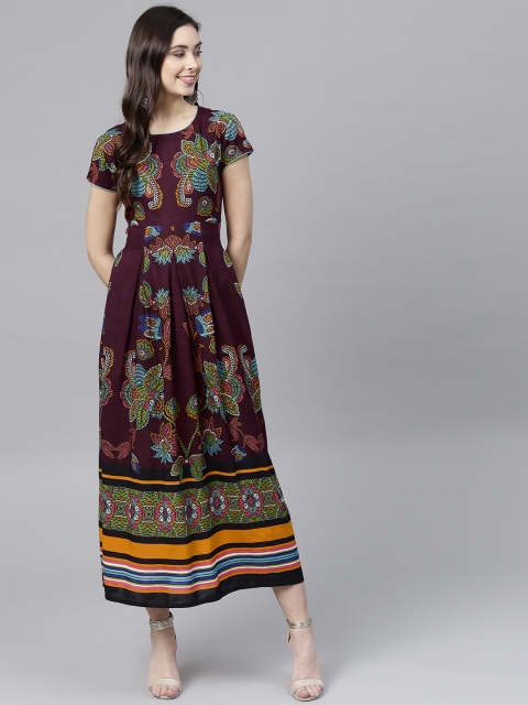 

Rain & Rainbow Women Burgundy & Blue Printed Maxi Dress